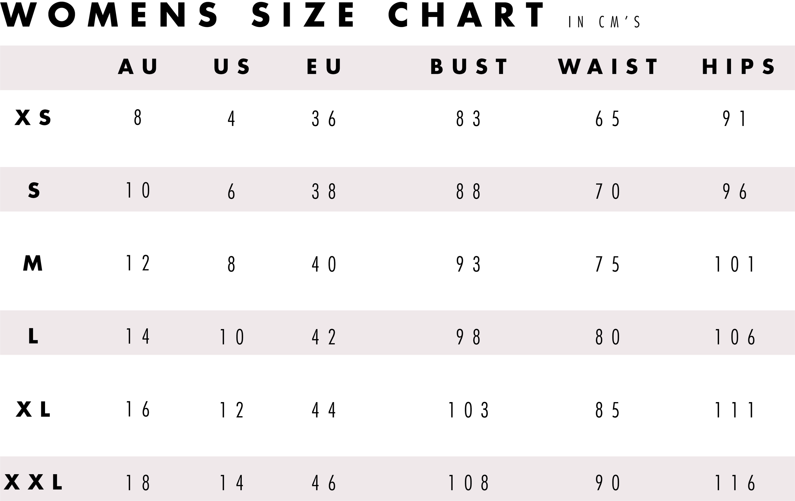Xs In Numbers Size Guide | Australian activewear for every body | Roar Republic